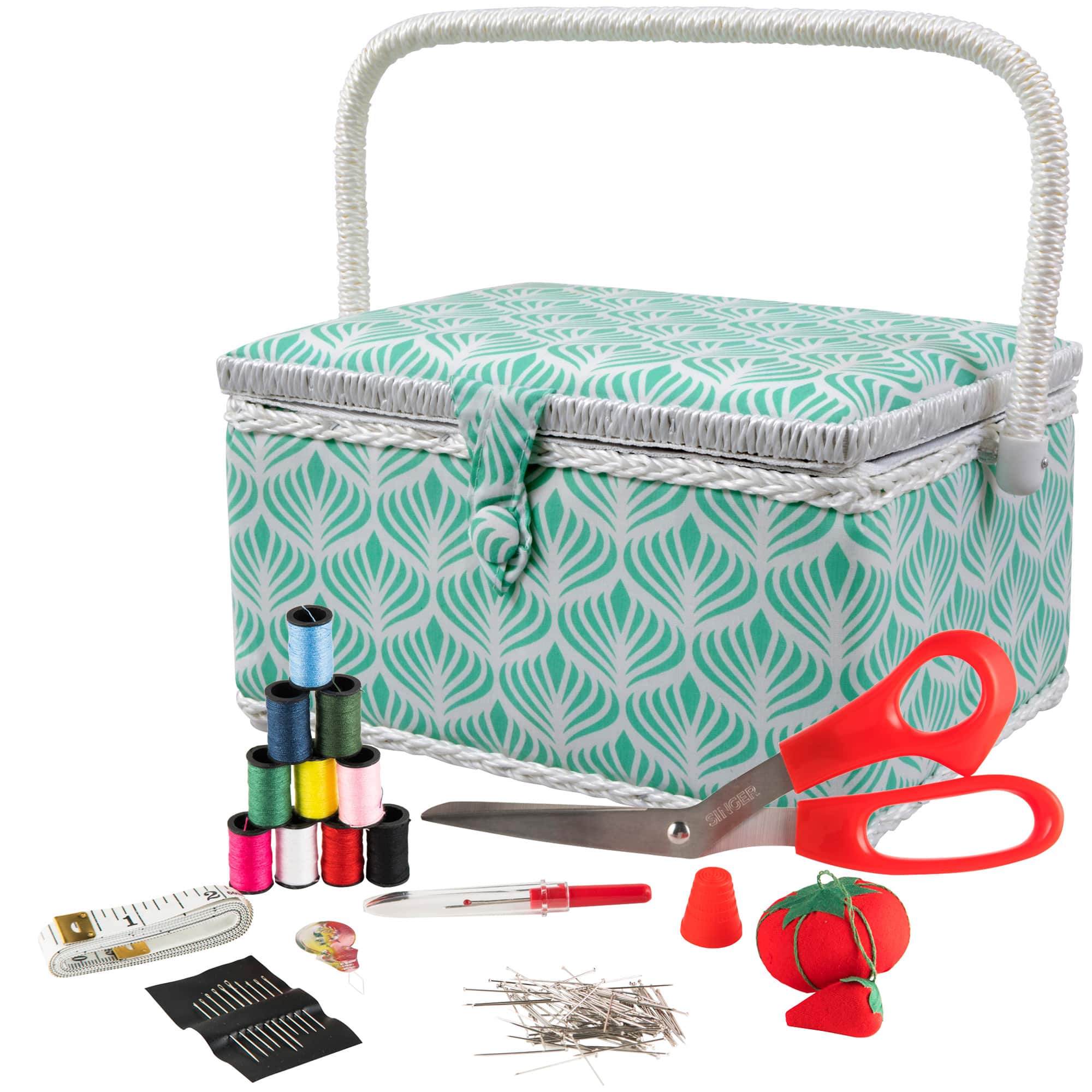 SINGER® Large Blue Boho Fan Print Sewing Basket with Sewing Scissors & Notions
